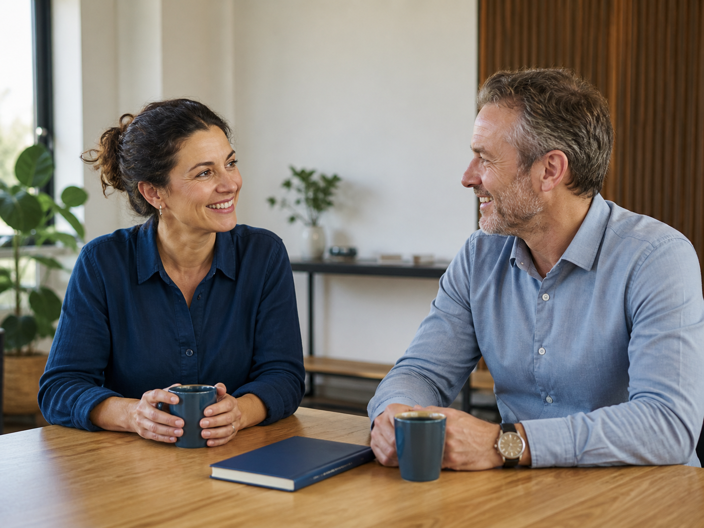 Échange humain et souriant entre deux professionnels